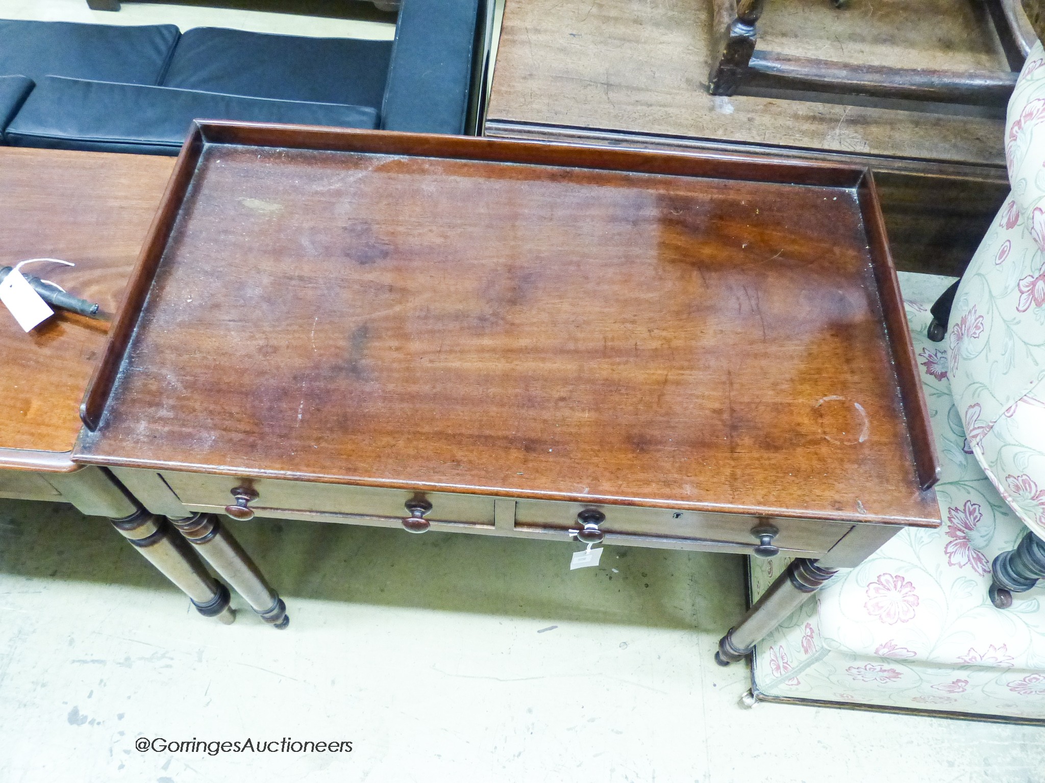 A Victorian mahogany two drawer side table, width 89cm, depth 47cm, height 79cm